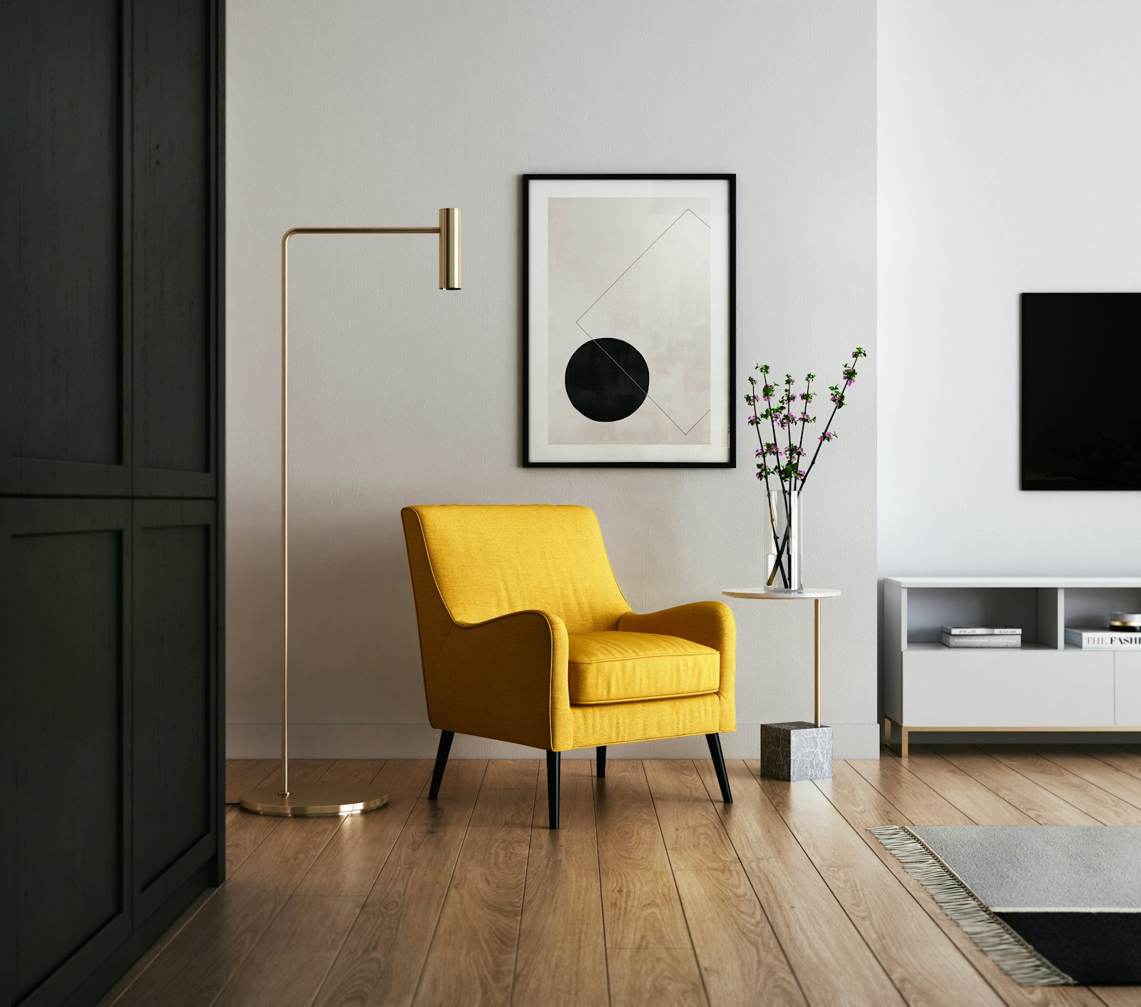 Walnut armchair in warm studio light with linen cushions